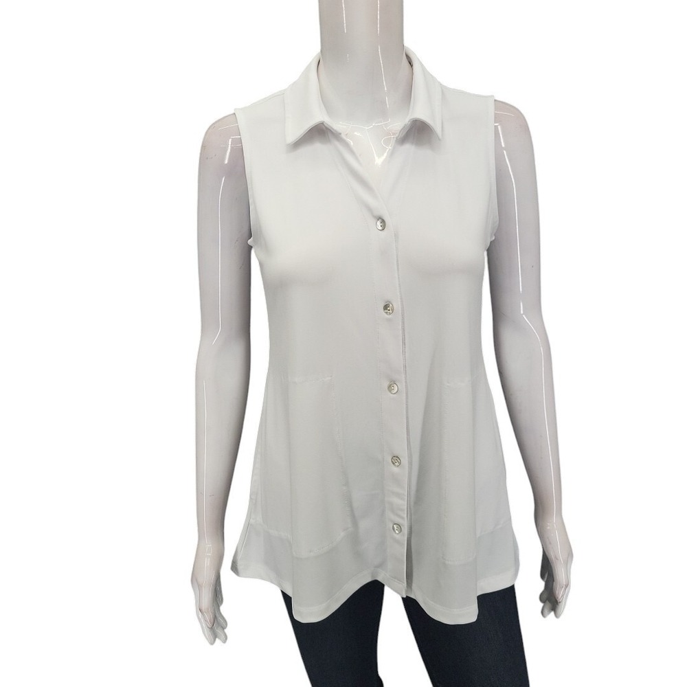 Susan Graver Liquid Knit Sleeveless Button Top White Petite XS A508717